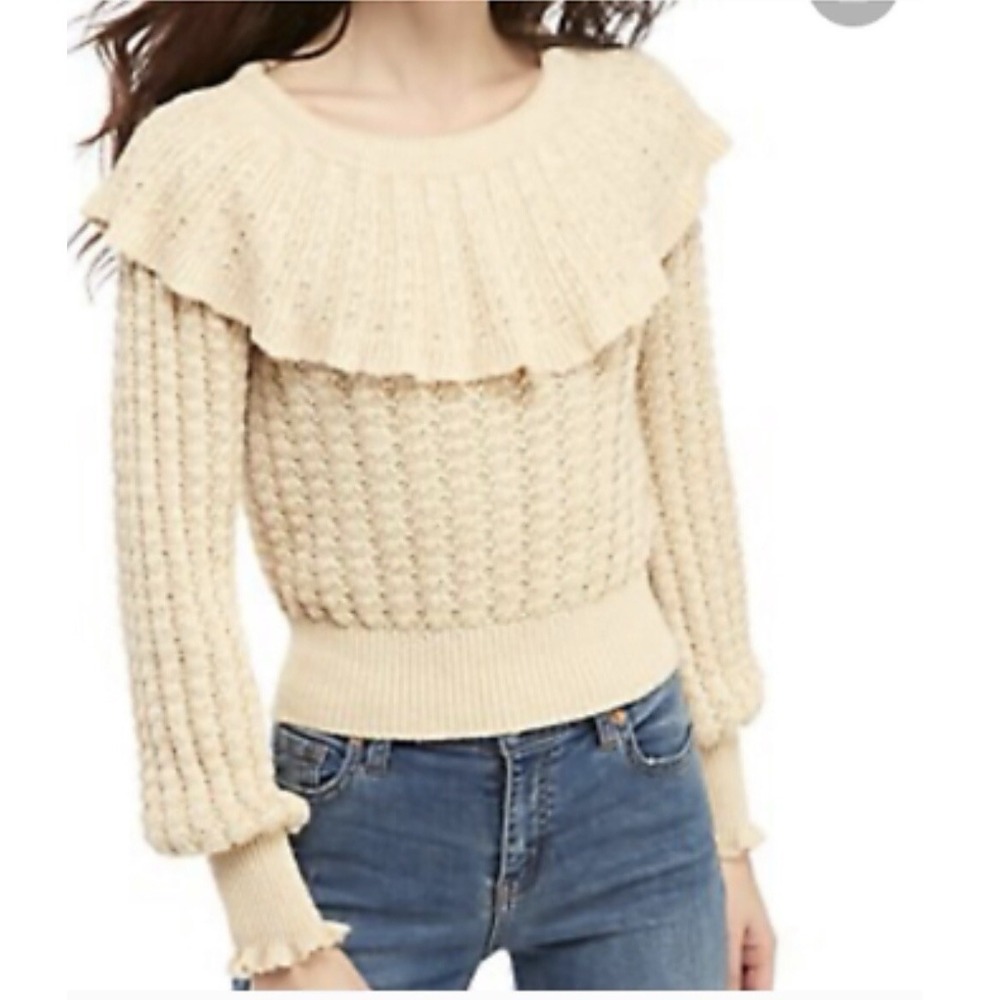 FREE PEOPLE Crazy In Love Beige Ruffle Sweater S Romantic Coquette